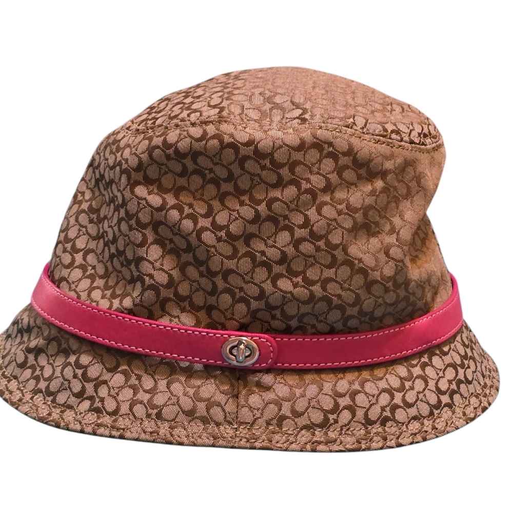 Coach Womans Signature C Bucket Hat in Khaki With Pink Leather Trim - Picture 3 of 14